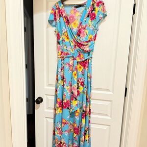 New York & Company Pink and Red Maxi Sundress with Flutter Sleeves